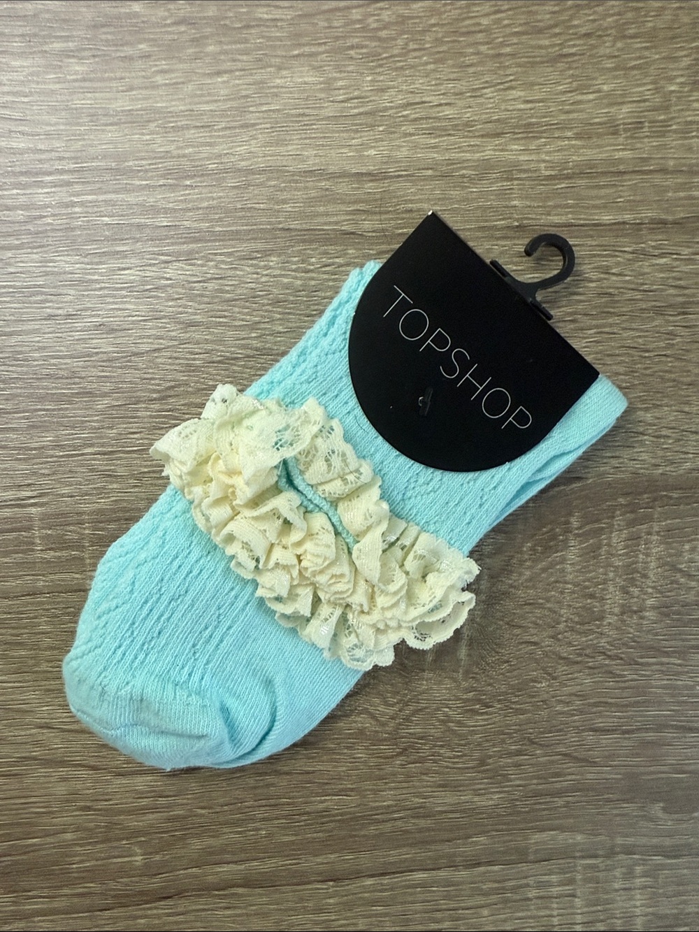 Topshop aqua ankle socks with cream lace ruffle